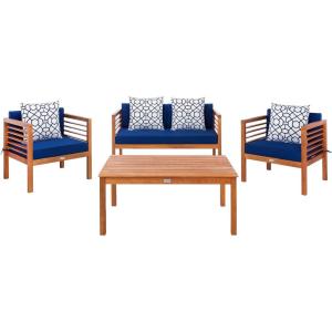 SAFAVIEH Outdoor Collection Alda Grey Wash/ White Cushions/ Light Blue Pillows 4-Piece Conversation Patio Set(Natural / Navy + Trellis P)
