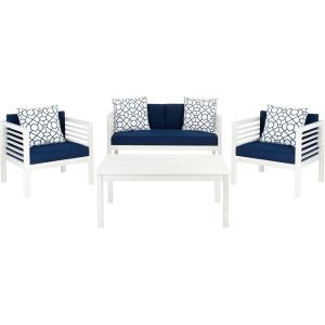 SAFAVIEH Outdoor Collection Alda Grey Wash/ White Cushions/ Light Blue Pillows 4-Piece Conversation Patio Set(White / Navy + Trellis Pillow)