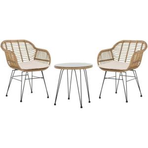 SAFAVIEH Outdoor Collection Alton Light Brown Rattan/White Seat Cushion 3-Piece Patio Lounge Bistro Set with Table (PAT9004A)(Brown / Beige)