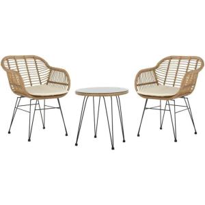 SAFAVIEH Outdoor Collection Alton Light Brown Rattan/White Seat Cushion 3-Piece Patio Lounge Bistro Set with Table (PAT9004A)(Brown / White)