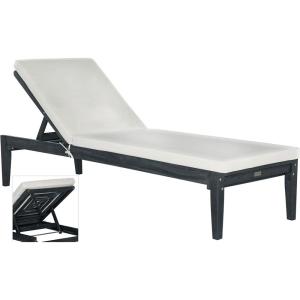 SAFAVIEH Outdoor Collection Arcata Natural Solid Wood/Beige Cushion Adjustable Chaise Lounge Chair (PAT6730A)(Dark Slate Gray / Beige)