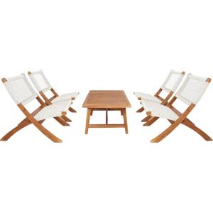SAFAVIEH Outdoor Collection Blaze Coastal Natural Acacia Wood/Light Brown 5-Piece Coffee Set(Natural/White)