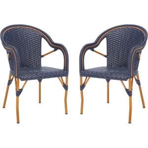SAFAVIEH Outdoor Collection California Bistro Navy/White 36-inch Seat Height Armchair Set of 2 (Fully Assembled)(Navy)