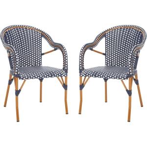 SAFAVIEH Outdoor Collection California Bistro Navy/White 36-inch Seat Height Armchair Set of 2 (Fully Assembled)(Navy/White)