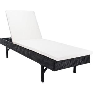 SAFAVIEH Outdoor Collection Cam Grey Brown Wicker/White Cushion Adjustable Chaise Lounge Chair, Black/Beige (PAT7501C)(Black / Beige)