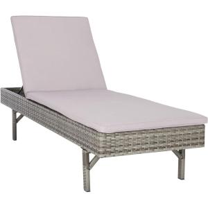 SAFAVIEH Outdoor Collection Cam Grey Brown Wicker/White Cushion Adjustable Chaise Lounge Chair, Black/Beige (PAT7501C)(Grey / Grey)