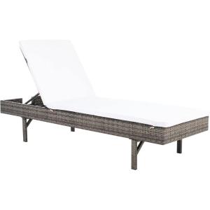 SAFAVIEH Outdoor Collection Cam Grey Brown Wicker/White Cushion Adjustable Chaise Lounge Chair, Black/Beige (PAT7501C)(Grey Brown / White)