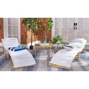 SAFAVIEH Outdoor Collection Carew Natural/White Cushion 3-Piece Chaise Lounge Chair Set with Table (PAT7720D)(Natural)