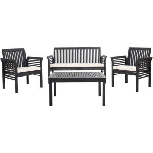 SAFAVIEH Outdoor Collection Carson Grey Wash/ Beige Cushions 4-Piece Conversation Patio Set(Black / Beige)
