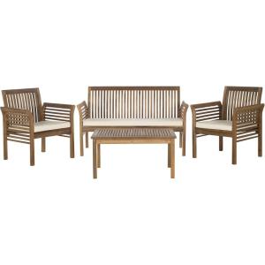 SAFAVIEH Outdoor Collection Carson Grey Wash/ Beige Cushions 4-Piece Conversation Patio Set(Natural / Beige)