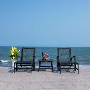 SAFAVIEH Outdoor Collection Chantelle Acacia Wood Woven Rattan 5-Piece Patio Set PAT7076B, Grey/Grey(Black/Black)
