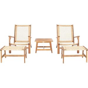 SAFAVIEH Outdoor Collection Chantelle Acacia Wood Woven Rattan 5-Piece Patio Set PAT7076B, Grey/Grey(Natural/Natural)