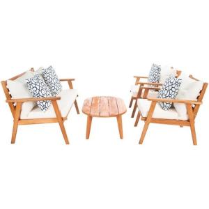 SAFAVIEH Outdoor Collection Deacon Natural Acacia Wood/Beige Cushion 4-Piece Conversation Patio Set with Accent Pillows(Beige/Blue)