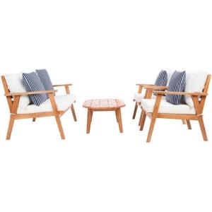 SAFAVIEH Outdoor Collection Deacon Natural Acacia Wood/Beige Cushion 4-Piece Conversation Patio Set with Accent Pillows(Beige/Navy)