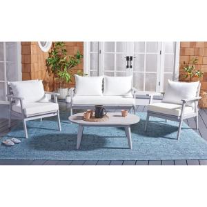 SAFAVIEH Outdoor Collection Deacon Natural Acacia Wood/Beige Cushion 4-Piece Conversation Patio Set with Accent Pillows(Grey/Beige)