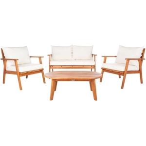 SAFAVIEH Outdoor Collection Deacon Natural Acacia Wood/Beige Cushion 4-Piece Conversation Patio Set with Accent Pillows(Natural/Beige)
