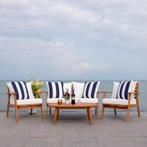 SAFAVIEH Outdoor Collection Deacon Natural Acacia Wood/Beige Cushion 4-Piece Conversation Patio Set with Accent Pillows(Natural/Beige Thick Stripe)