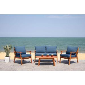 SAFAVIEH Outdoor Collection Deacon Natural Acacia Wood/Beige Cushion 4-Piece Conversation Patio Set with Accent Pillows(Natural/Navy)