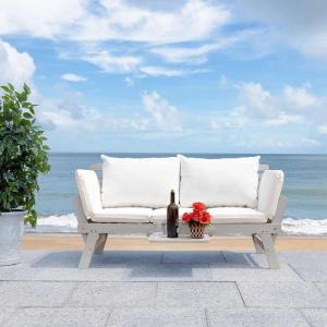 SAFAVIEH Outdoor Collection Emely Natural Acacia Wood/Grey Expandable Loveseat Daybed(Grey/Beige)