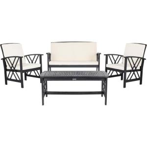 SAFAVIEH Outdoor Collection Fontana Natural/Aqua Cushion 4-Piece Conversation Patio Set(Black/Beige)