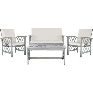 SAFAVIEH Outdoor Collection Fontana Natural/Aqua Cushion 4-Piece Conversation Patio Set(Grey/Beige)