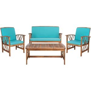 SAFAVIEH Outdoor Collection Fontana Natural/Aqua Cushion 4-Piece Conversation Patio Set(Natural/Aqua)