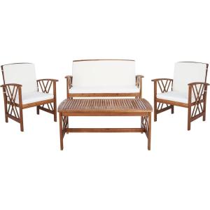 SAFAVIEH Outdoor Collection Fontana Natural/Aqua Cushion 4-Piece Conversation Patio Set(Natural/Beige)