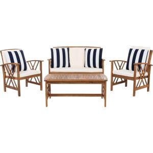 SAFAVIEH Outdoor Collection Fontana Natural/Aqua Cushion 4-Piece Conversation Patio Set(Natural/Beige Thick Stripe)