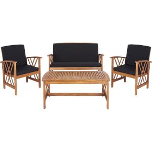 SAFAVIEH Outdoor Collection Fontana Natural/Aqua Cushion 4-Piece Conversation Patio Set(Natural/Black)