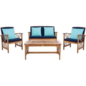 SAFAVIEH Outdoor Collection Fontana Natural/Aqua Cushion 4-Piece Conversation Patio Set(Natural/Navy)