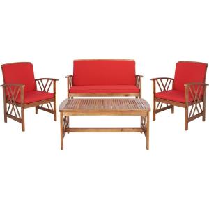 SAFAVIEH Outdoor Collection Fontana Natural/Aqua Cushion 4-Piece Conversation Patio Set(Natural/Red)