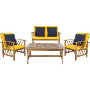 SAFAVIEH Outdoor Collection Fontana Natural/Aqua Cushion 4-Piece Conversation Patio Set(Natural/Yellow)