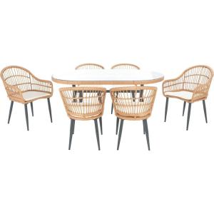 SAFAVIEH Outdoor Collection Genser Natural Rattan/Beige Cushion 7-Piece Patio Backyard Dining Set