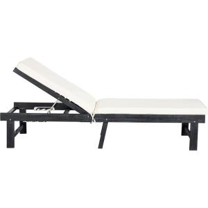 SAFAVIEH Outdoor Collection Inglewood Natural Solid Wood/Navy Cushion Adjustable Chaise Lounge Chair (PAT6723B)(Dark Slate Gray / Beige)
