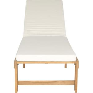 SAFAVIEH Outdoor Collection Inglewood Natural Solid Wood/Navy Cushion Adjustable Chaise Lounge Chair (PAT6723B)(Natural / Beige)
