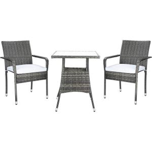 SAFAVIEH Outdoor Collection Laban Natural/White Cushion 3-Piece Bistro Set PAT7718D(Grey Brown/White)
