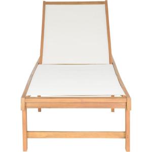 SAFAVIEH Outdoor Collection Manteca Brown Solid Wood/White Texline Fabric Adjustable Chaise Lounge Chair (PAT6708A)(Natural / White)