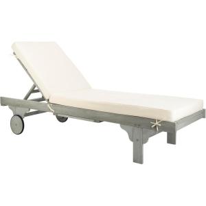 SAFAVIEH Outdoor Collection Newport Natural/ Beige Cushion Built-in Side Table Adjustable Chaise Lounge Chair(Grey / Beige)
