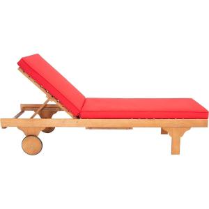 SAFAVIEH Outdoor Collection Newport Natural/ Beige Cushion Built-in Side Table Adjustable Chaise Lounge Chair(Natural / Red)