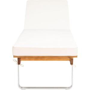SAFAVIEH Outdoor Collection Nuca Natural Brown Solid Wood/White Legs/White Cushion Chaise Lounge Chair (PAT7084A)