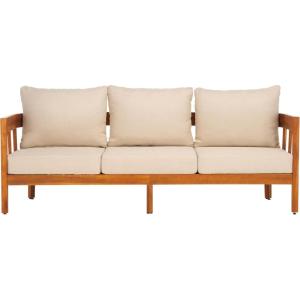 SAFAVIEH Outdoor Collection Owen Natural Teak Solid Wood/Taupe Cushion 3-Seater Sofa