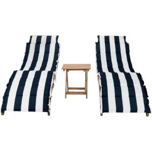 SAFAVIEH Outdoor Collection Pacifica Natural Brown Solid Wood/Navy Cushion 3-Piece Chaise Lounge Set with Table (PAT7020C)(Natural/Navy Stripe)