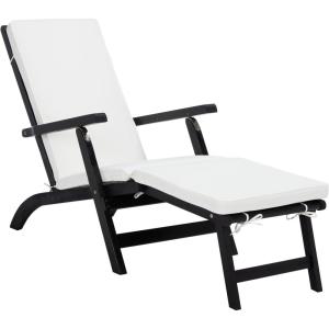 SAFAVIEH Outdoor Collection Palmdale Grey Solid Wood/Navy Cushion Chaise Lounge Chair (PAT7015B)(Black/Beige)