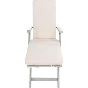 SAFAVIEH Outdoor Collection Palmdale Grey Solid Wood/Navy Cushion Chaise Lounge Chair (PAT7015B)(Grey/Beige)