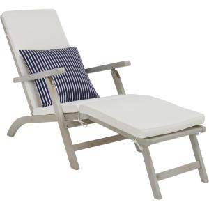 SAFAVIEH Outdoor Collection Palmdale Grey Solid Wood/Navy Cushion Chaise Lounge Chair (PAT7015B)(Grey/Beige Thin Stripe)