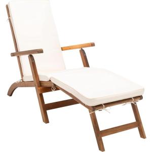 SAFAVIEH Outdoor Collection Palmdale Grey Solid Wood/Navy Cushion Chaise Lounge Chair (PAT7015B)(Natural/Beige)