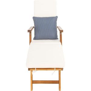 SAFAVIEH Outdoor Collection Palmdale Grey Solid Wood/Navy Cushion Chaise Lounge Chair (PAT7015B)(Natural/Beige Thin Stripe)