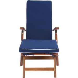 SAFAVIEH Outdoor Collection Palmdale Grey Solid Wood/Navy Cushion Chaise Lounge Chair (PAT7015B)(Natural/Navy)
