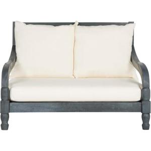SAFAVIEH Outdoor Collection Pomona Dark Slate Grey Solid Wood/Beige Cushion Lounger Bench Sofa Loveseat (PAT6740K)(Ash Grey / Beige)