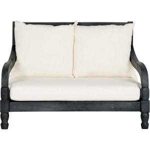 SAFAVIEH Outdoor Collection Pomona Dark Slate Grey Solid Wood/Beige Cushion Lounger Bench Sofa Loveseat (PAT6740K)(Dark Slate Gray / Beige)